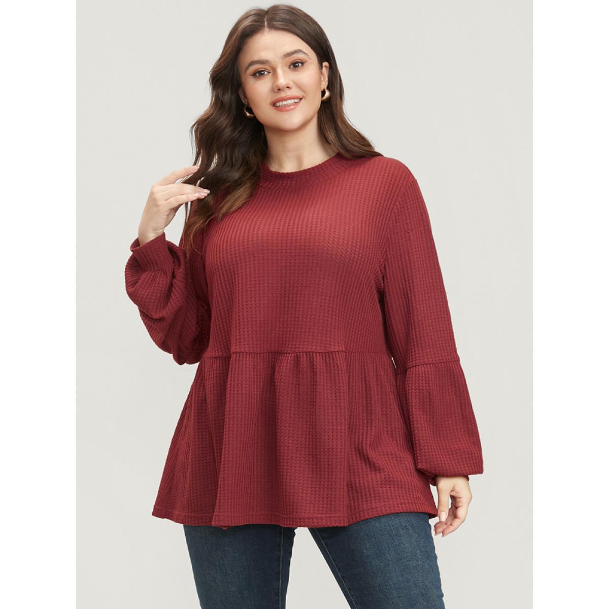 Plus Size Russet Solid Lantern Sleeve Ruffle Hem Textured Blouse Women Elegant Long Sleeve Round Neck Dailywear Blouses BloomChic 18-20/2X Product Image