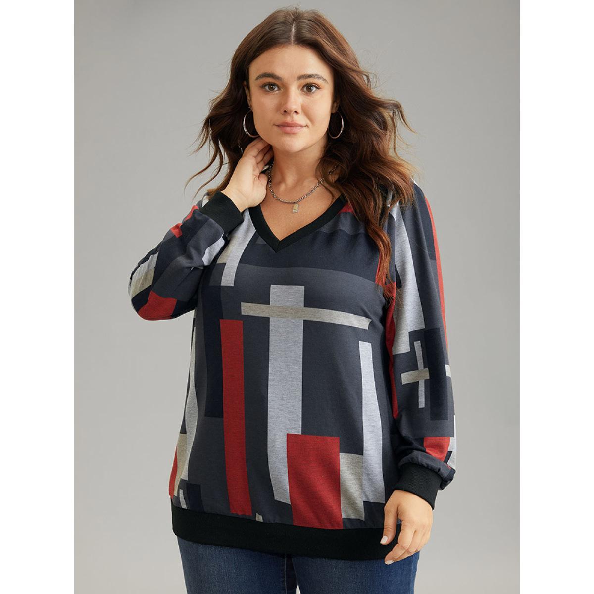 Plus Size Colorblock Contrast V Neck Rib Knit Sweatshirt Women DimGray Casual Rib Knit V-neck Dailywear Sweatshirts BloomChic 14-16/1X Product Image