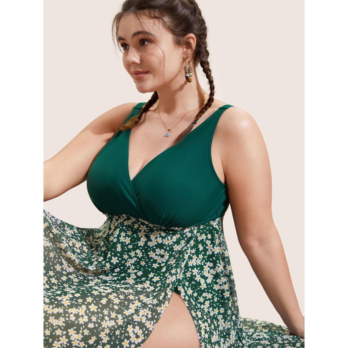 Plus Size Overlap Collar Ditsy Floral Slit Hem Swim Dress Women's Swimwear DarkGreen Beach Bodycon Overlap Collar High stretch Curve Swim Dresses BloomChic 12/L Product Image