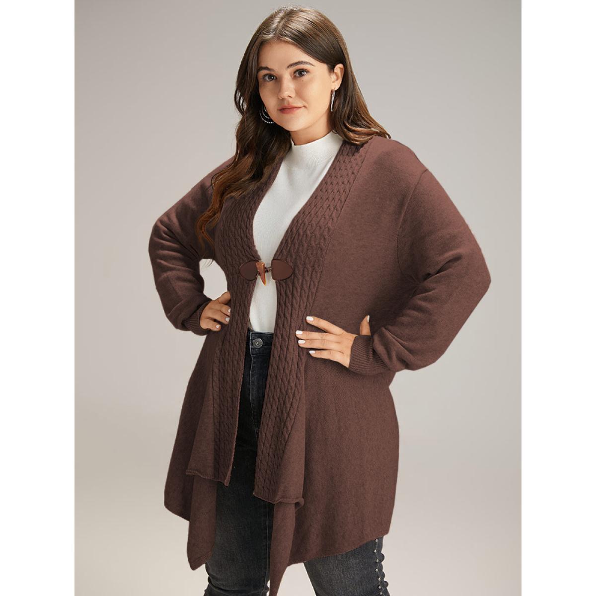 Plus Size Supersoft Essentials Textured Asymmetrical Duffle Button Cardigan DarkBrown Women Casual Loose Long Sleeve Dailywear Cardigans BloomChic 26/4X Product Image