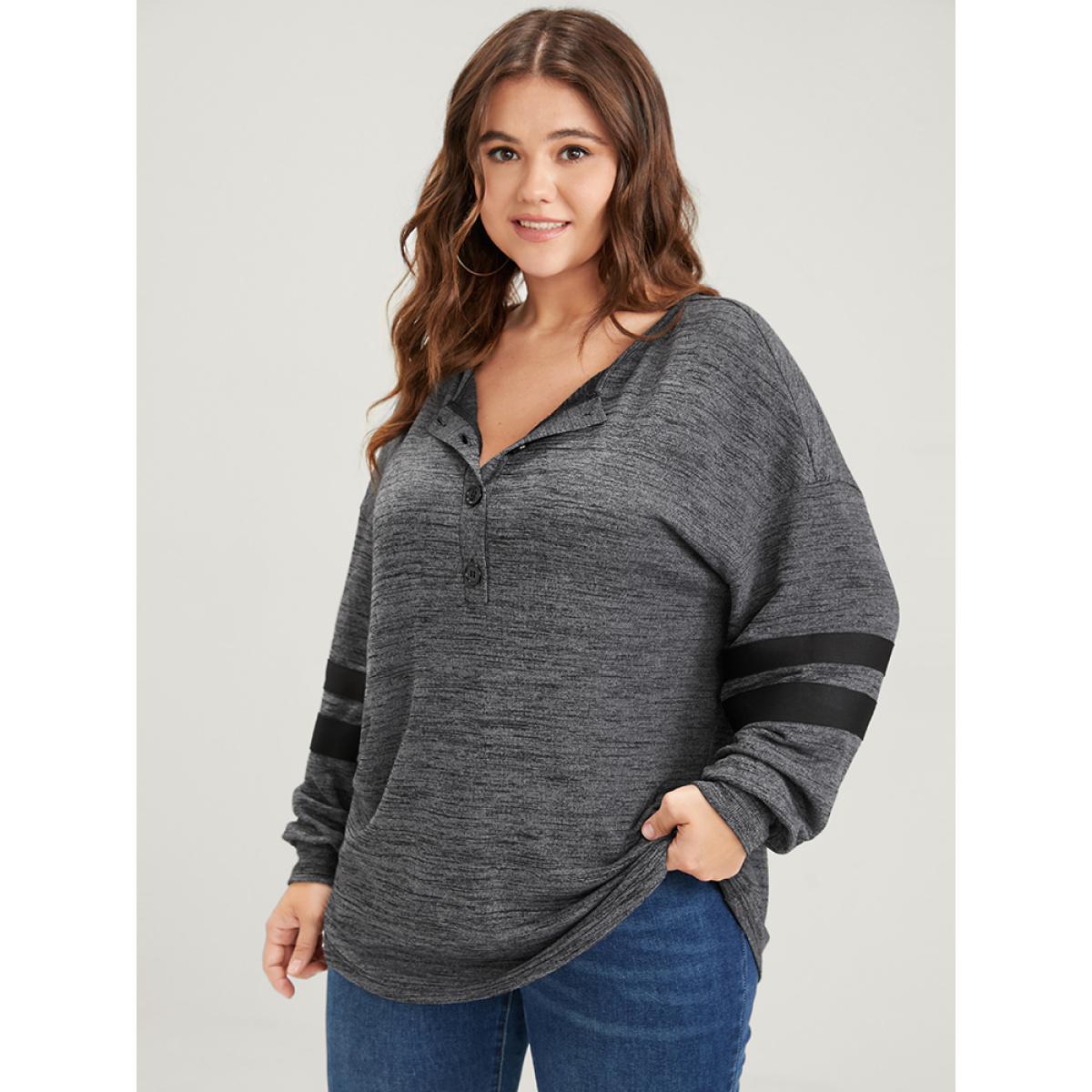 Plus Size Plain Contrast Button Up Round Neck Sweatshirt Women DimGray Casual Contrast Round Neck Dailywear Sweatshirts BloomChic 28/5X Product Image