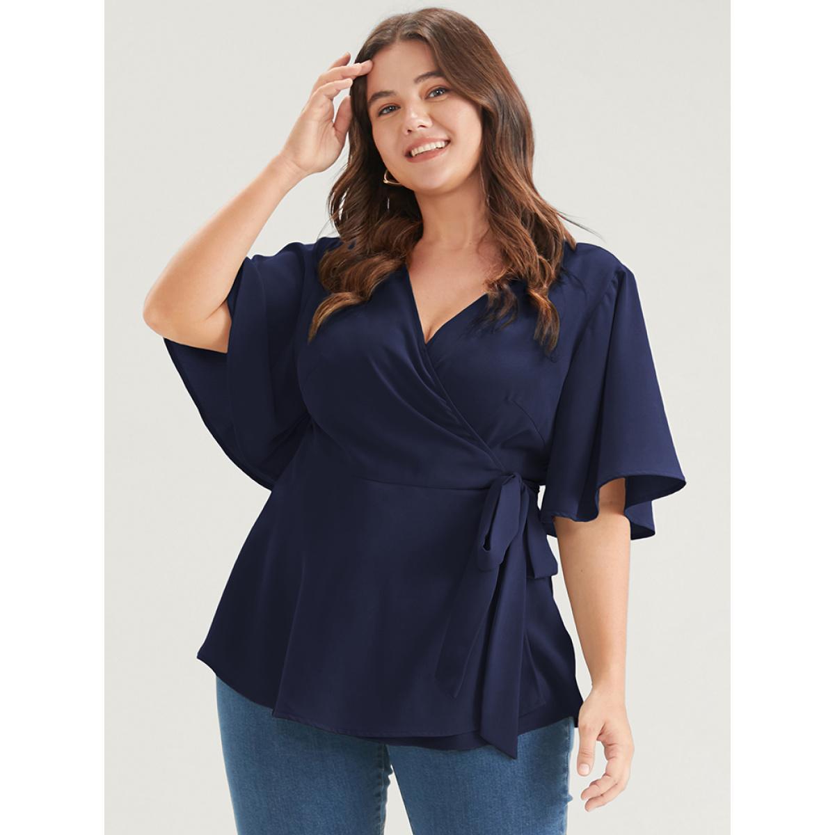 Plus Size Indigo Plain Ruffles Button Belted Wrap Babydoll Blouse Women Elegant Short sleeve V-neck Dailywear Blouses BloomChic 30/6X Product Image