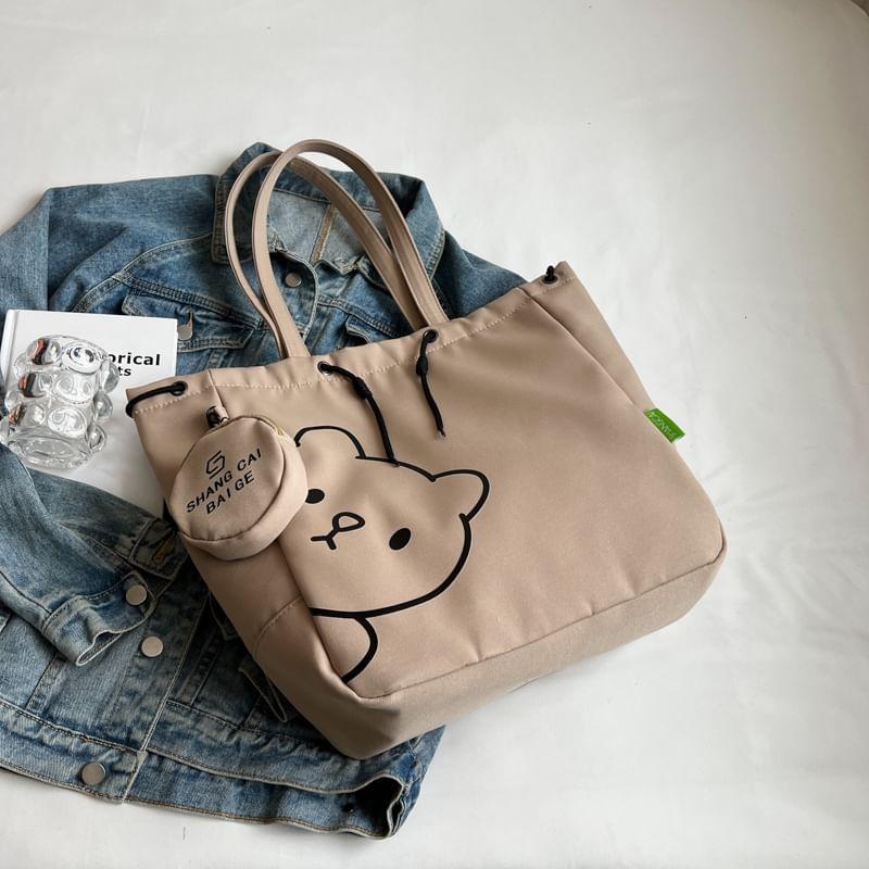 Set: Bear Print Tote Bag + Lettering Coin Purse Product Image