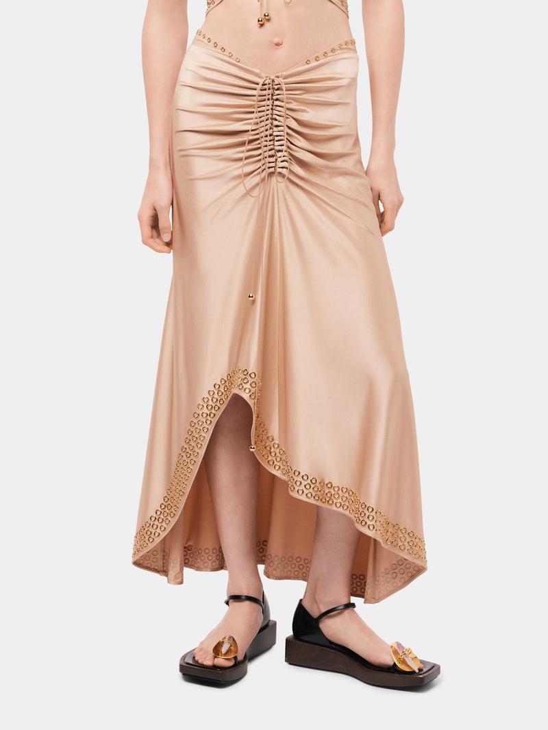 Long raffia colored skirt with embroidered metallic eyelets Product Image