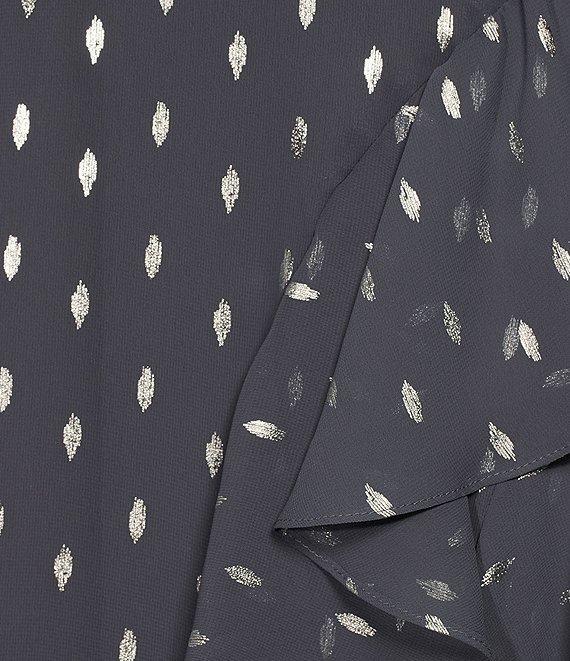 Ignite Evenings Foil Print Surplice V-Neck Capelet Sleeves Cascade Ruffle A-Line Dress Product Image