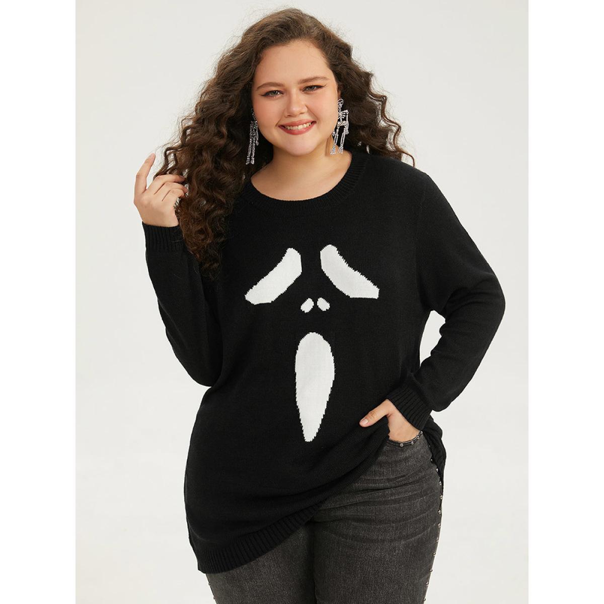 Plus Size Supersoft Essentials Halloween Ghost Face Print Pullover Black Women Casual Loose Long Sleeve Round Neck Festival-Halloween Pullovers BloomChic 22-24/3X Product Image