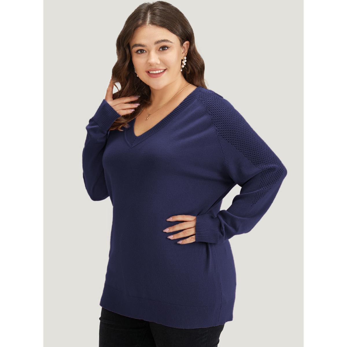 Plus Size Supersoft Essentials Solid Cut Out Patchwork Pullover Midnight Women Casual Loose Long Sleeve V-neck Dailywear Pullovers BloomChic 30/6X Product Image