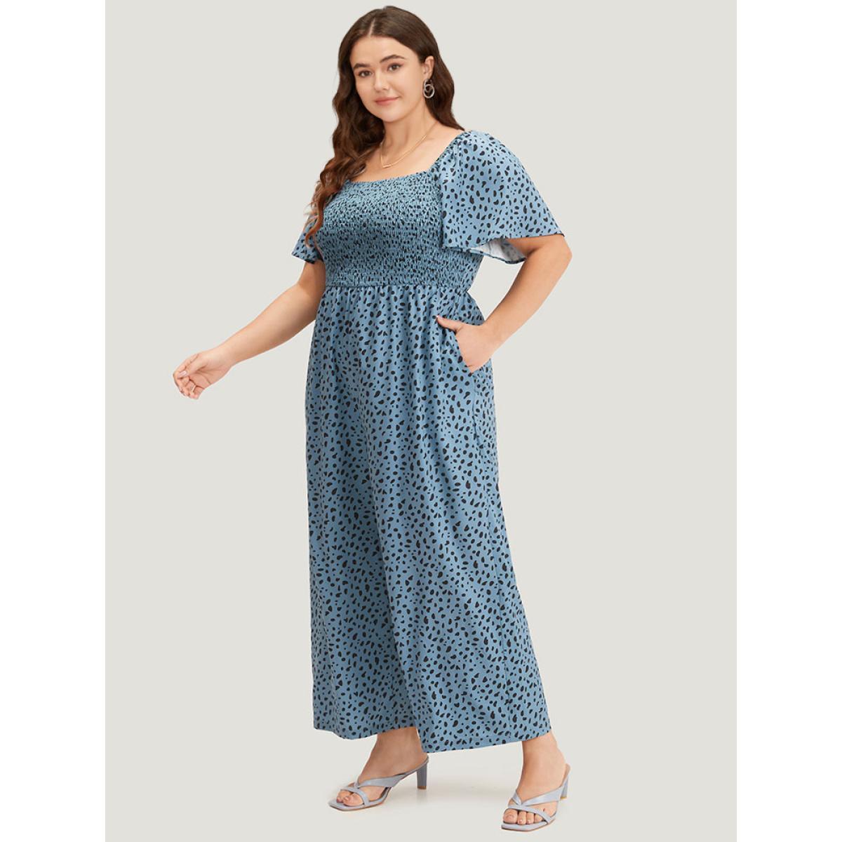 Plus Size DarkBlue Leopard Print Square Neck Shirred Flutter Sleeve Jumpsuit Women Elegant Short sleeve Square Neck Dailywear Loose Jumpsuits BloomChic 22-24/3X Product Image