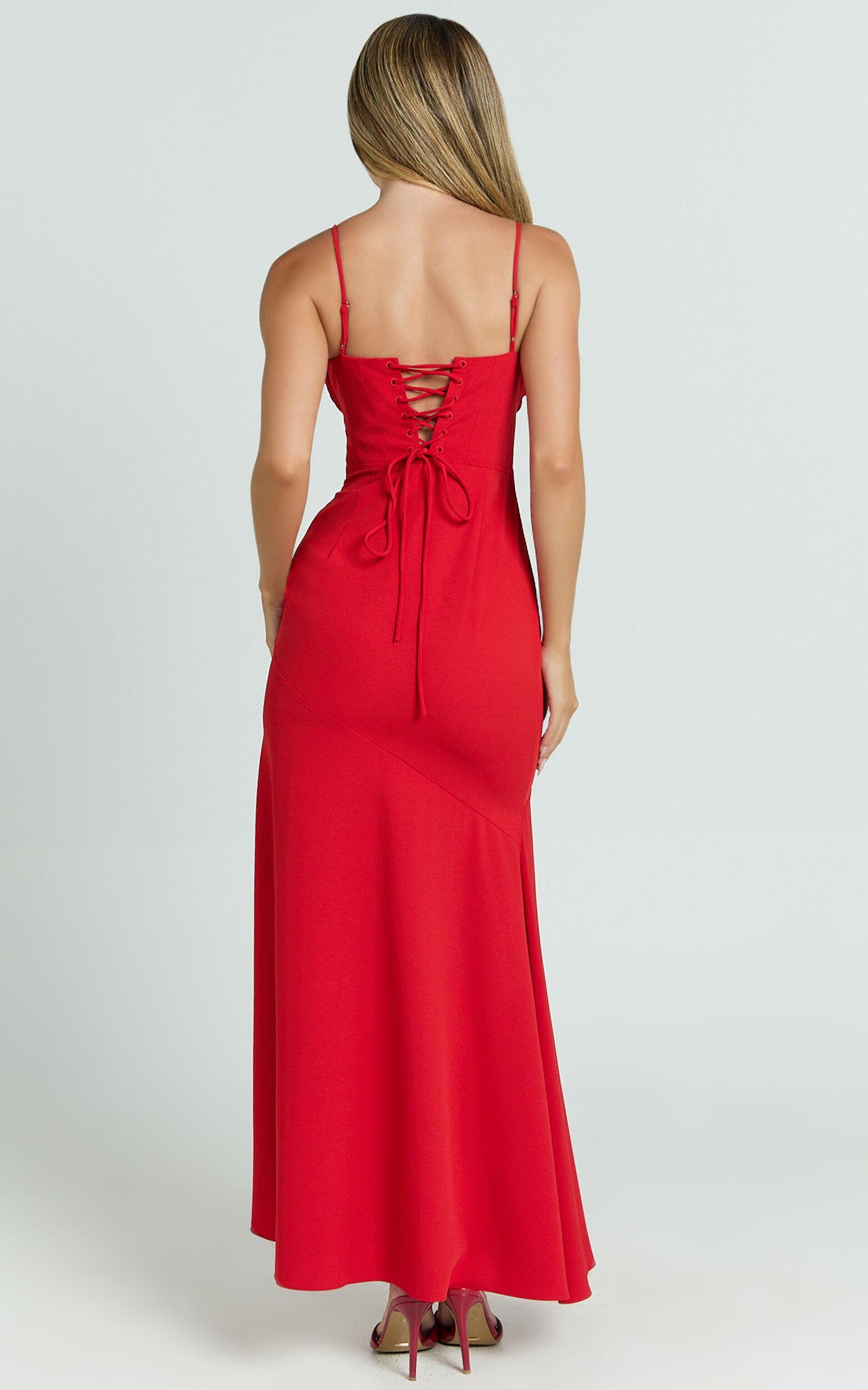 Lacie Maxi Dress - V Neck Bias Cut Ruffle Tie Front Dress in Red Product Image