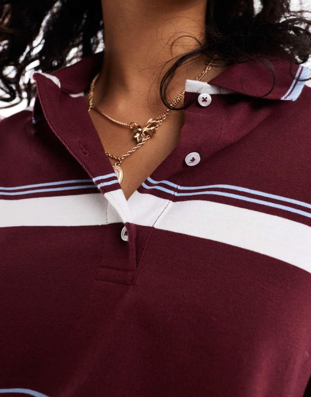 Stradivarius oversized polo shirt in burgundy and white stripe Product Image