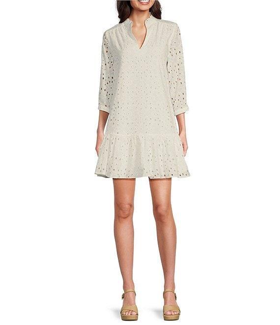 Leslie Fay V-Neck Long Sleeve Ruffle Hemline Eyelet Sheath Dress Product Image