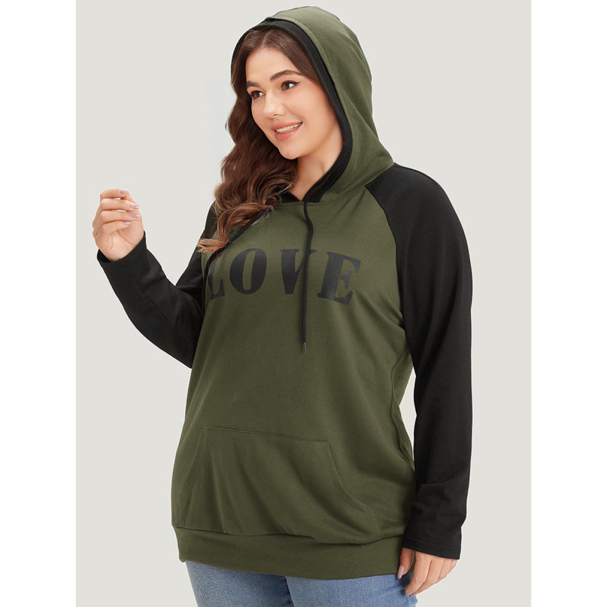 Plus Size Letter Print Contrast Hooded Pocket Drawstring Sweatshirt Women ArmyGreen Casual Elastic cuffs Dailywear Sweatshirts BloomChic 22-24/3X Product Image