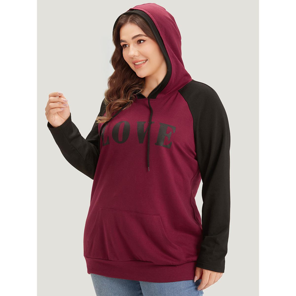 Plus Size Letter Print Contrast Hooded Pocket Drawstring Sweatshirt Women Multicolor Casual Elastic cuffs Dailywear Sweatshirts BloomChic 28/5X Product Image