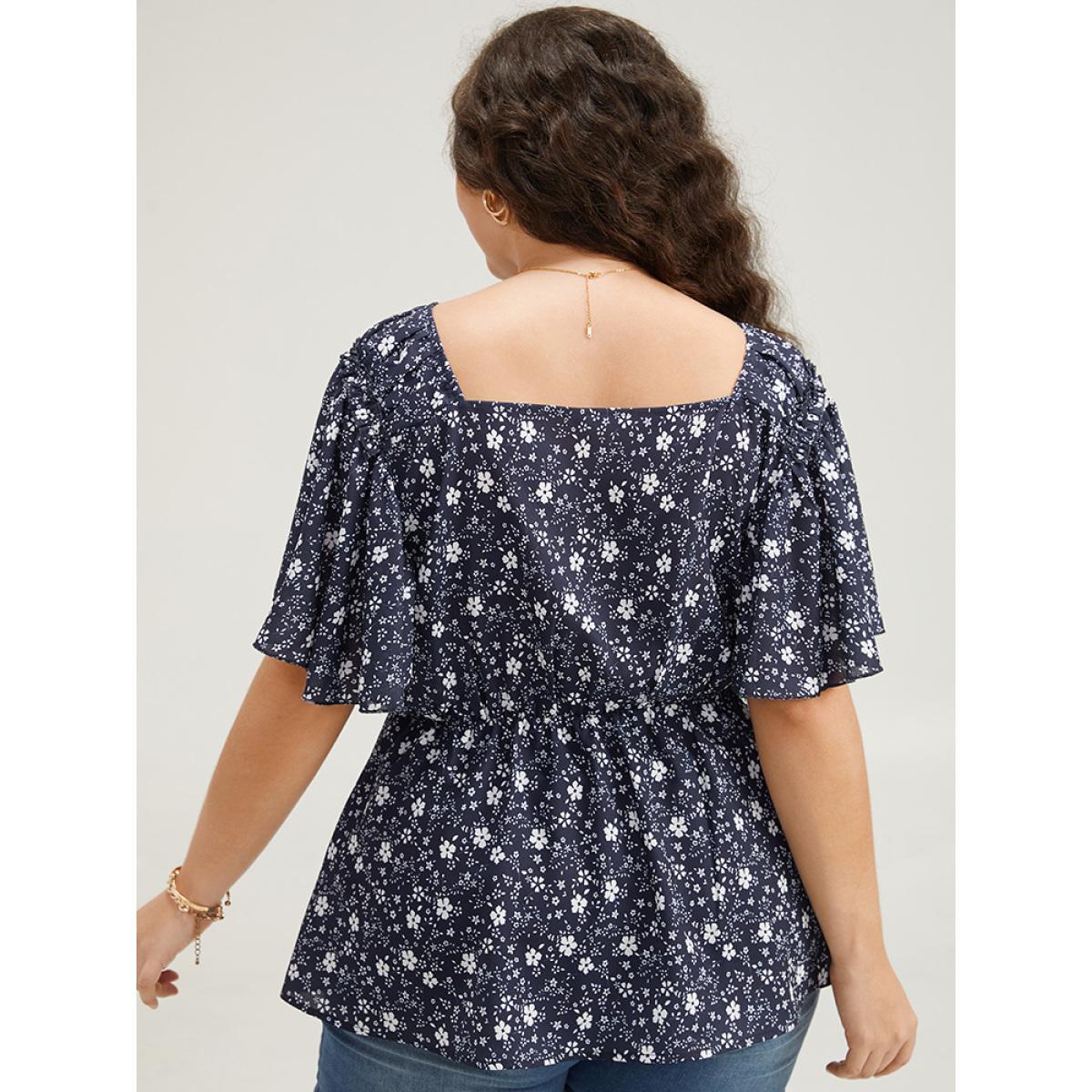 Plus Size Indigo Ditsy Floral Flutter Sleeve Ruched Blouse Women Elegant Short sleeve V-neck Dailywear Blouses BloomChic 10/M Product Image
