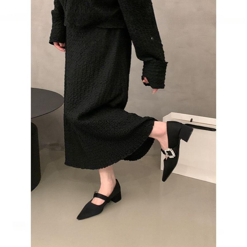 Chunky Heel Pointed Toe Rhinestone Buckled Mary Jane Pumps Product Image