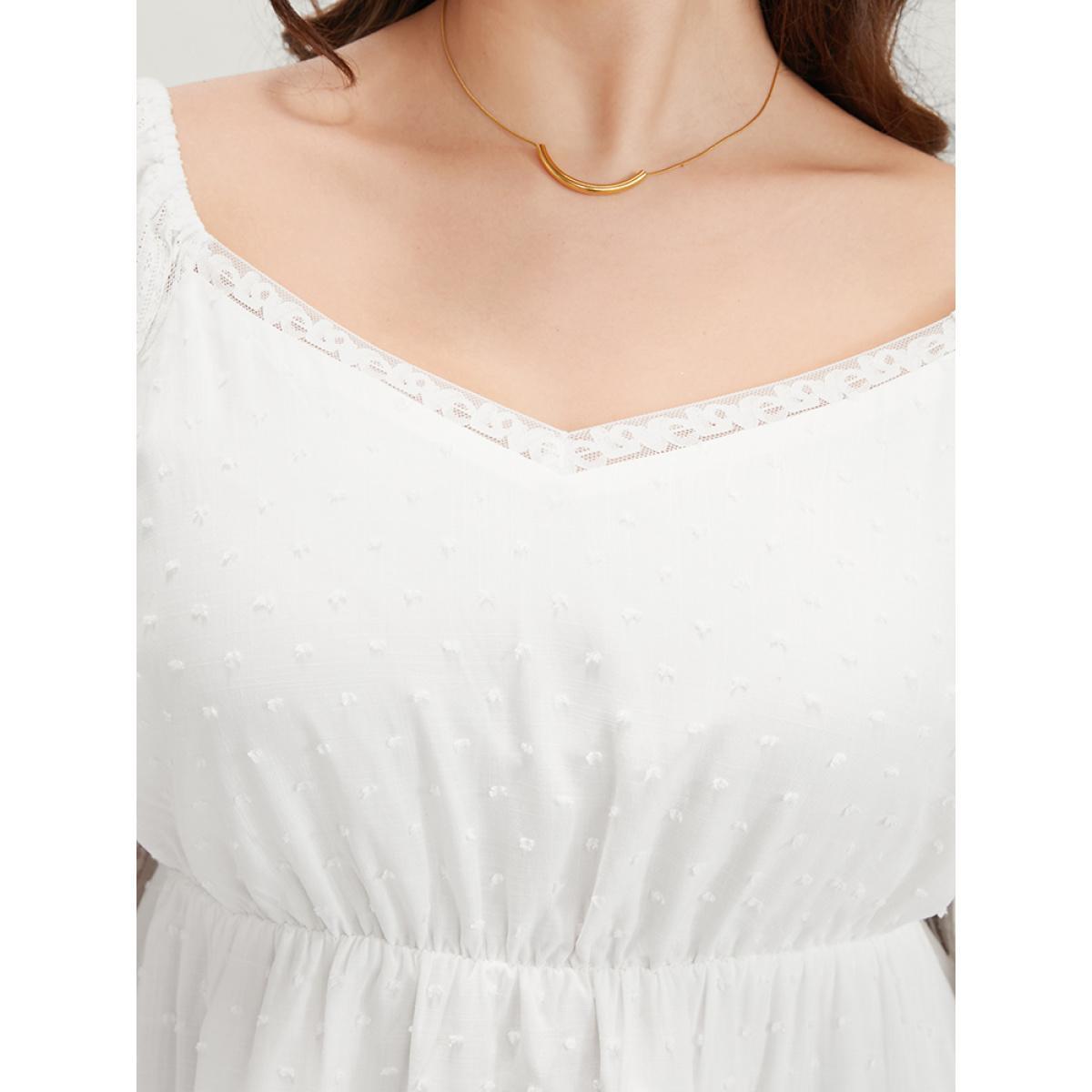 Plus Size WhiteSmoke Solid Lace Patchwork Lantern Sleeve Blouse Women Elegant Long Sleeve V-neck Dailywear Blouses BloomChic 30/6X Product Image