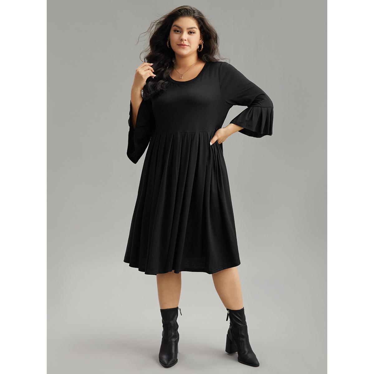 Plus Size Supersoft Essentials Solid Ruffles Pleated Dress Black Women Casual Pleated Round Neck Elbow-length sleeve Curvy Midi Dress BloomChic 26/4X Product Image