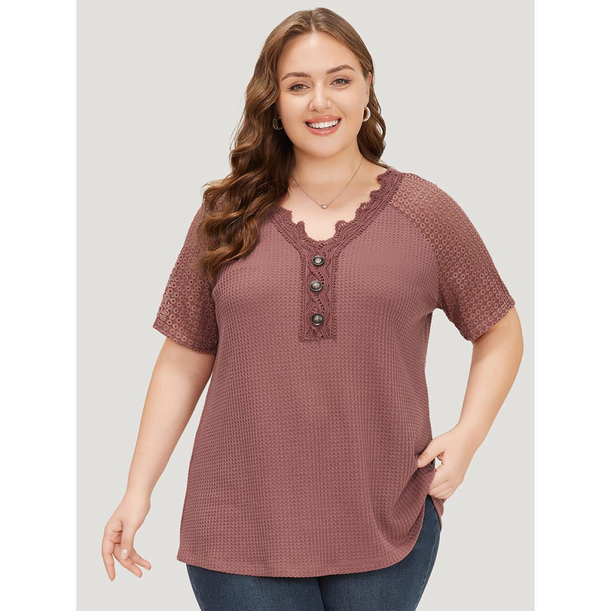 Plus Size Plain Contrast Lace Raglan Sleeve Button Detail T-shirt DustyPink Women Elegant Lace Plain V-neck Dailywear T-shirts BloomChic 22-24/3X Product Image