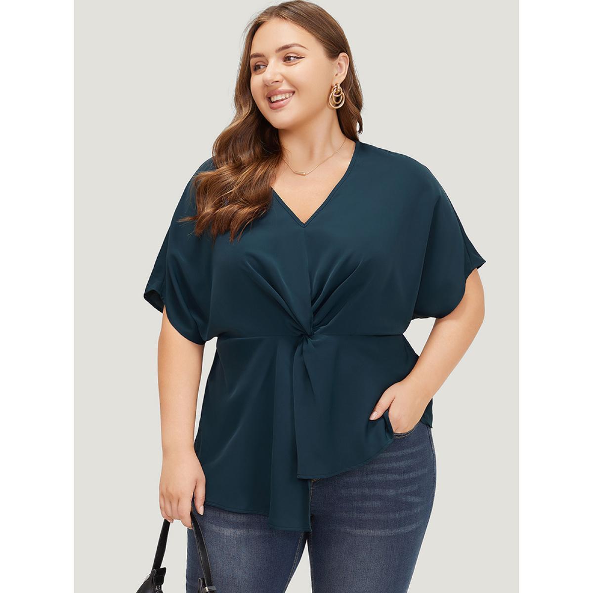Plus Size Indigo Plain Twist Front Dolman Sleeve Asymmetrical Hem Blouse Women Office Short sleeve V-neck Dailywear Blouses BloomChic 30/6X Product Image