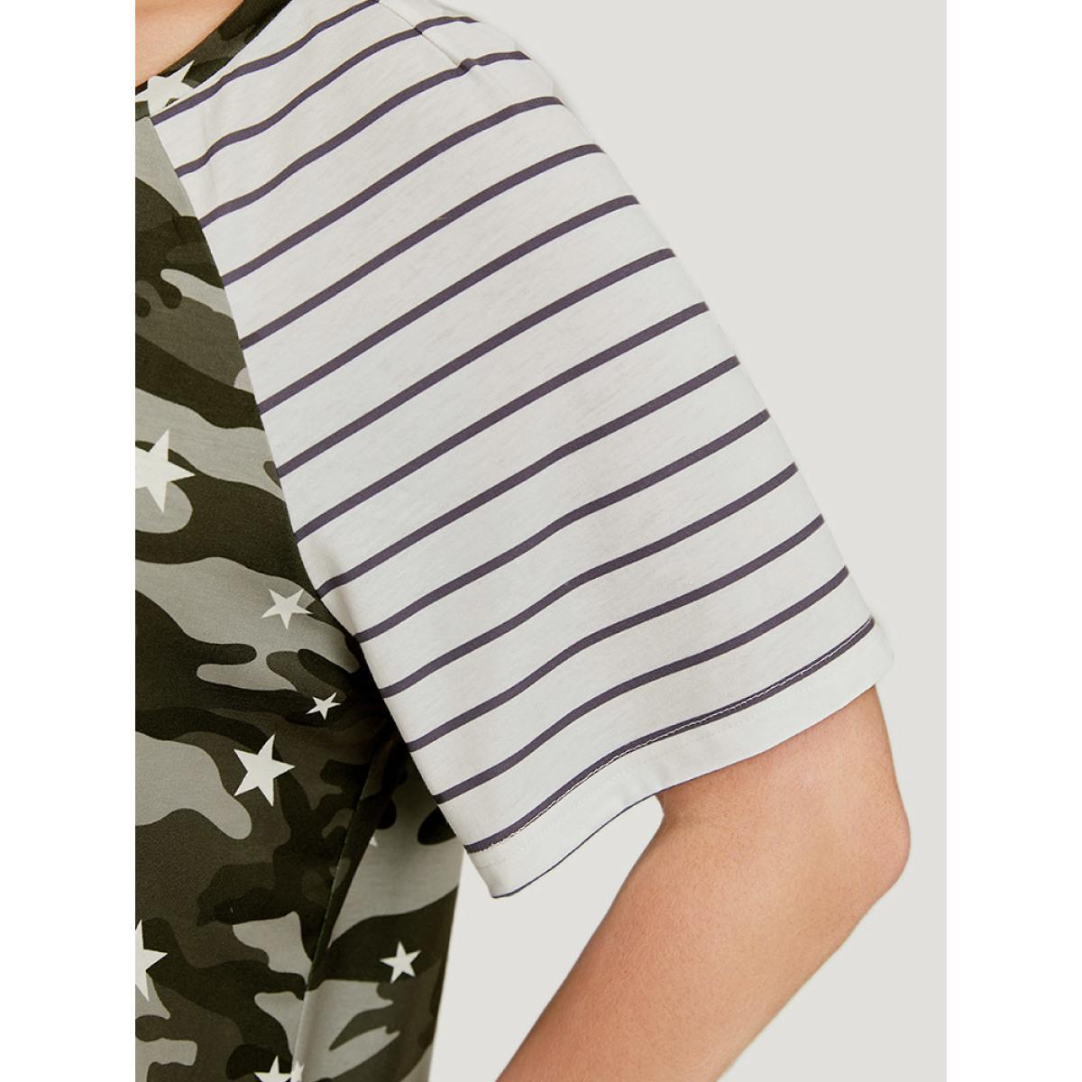 Plus Size Camo & Striped Print Raglan Sleeve T-shirt Multicolor Women Casual Contrast Camo Round Neck Dailywear T-shirts BloomChic 10/M Product Image