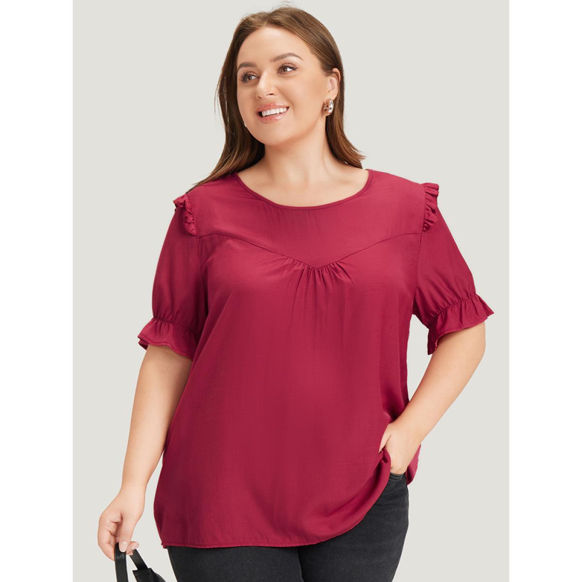 Plus Size RedViolet Plain Gathered Ruffle Trim Puff Sleeve Blouse Women Office Short sleeve Round Neck Work Blouses BloomChic 14-16/1X Product Image