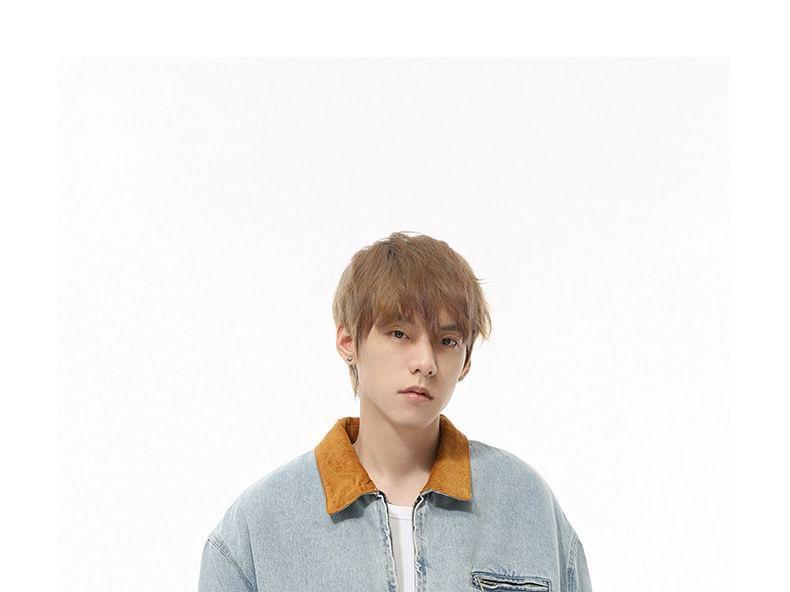 Contrast Collar Washed Denim Zip Jacket Product Image