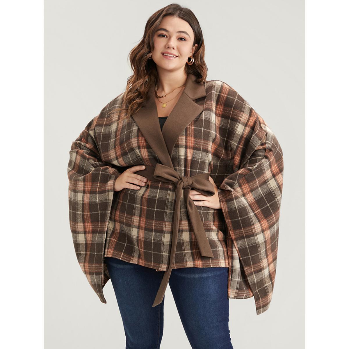 Plus Size Plaid Contrast Suit Collar Dolman Sleeve Belted Coat Women DarkBrown Elegant Belted Loose Ladies Dailywear Winter Coats BloomChic 22-24/3X Product Image