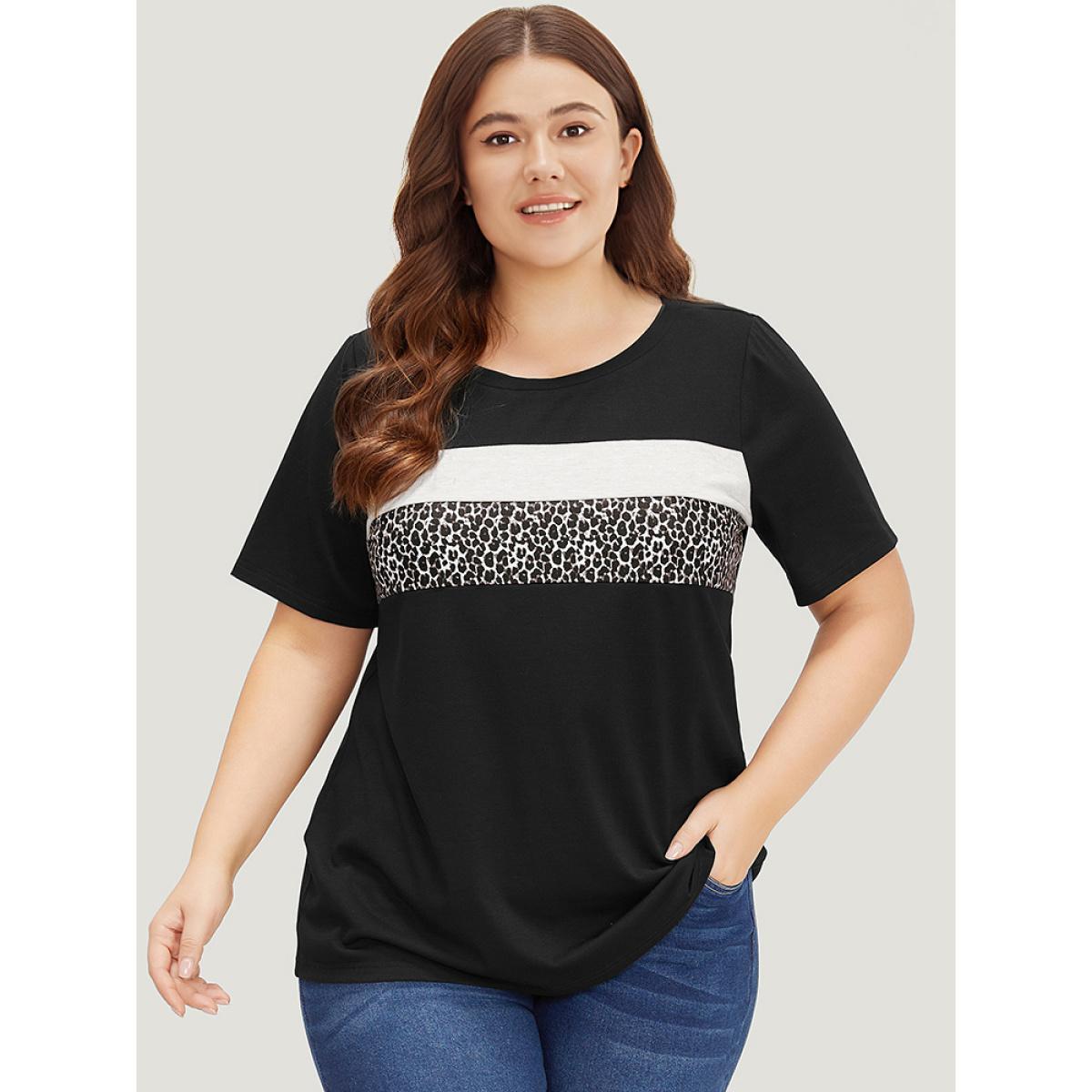 Plus Size Supersoft Essentials Leopard Colorblock Contrast Round Neck T-shirt Multicolor Women Casual Leopard Round Neck Dailywear T-shirts BloomChic 18-20/2X Product Image