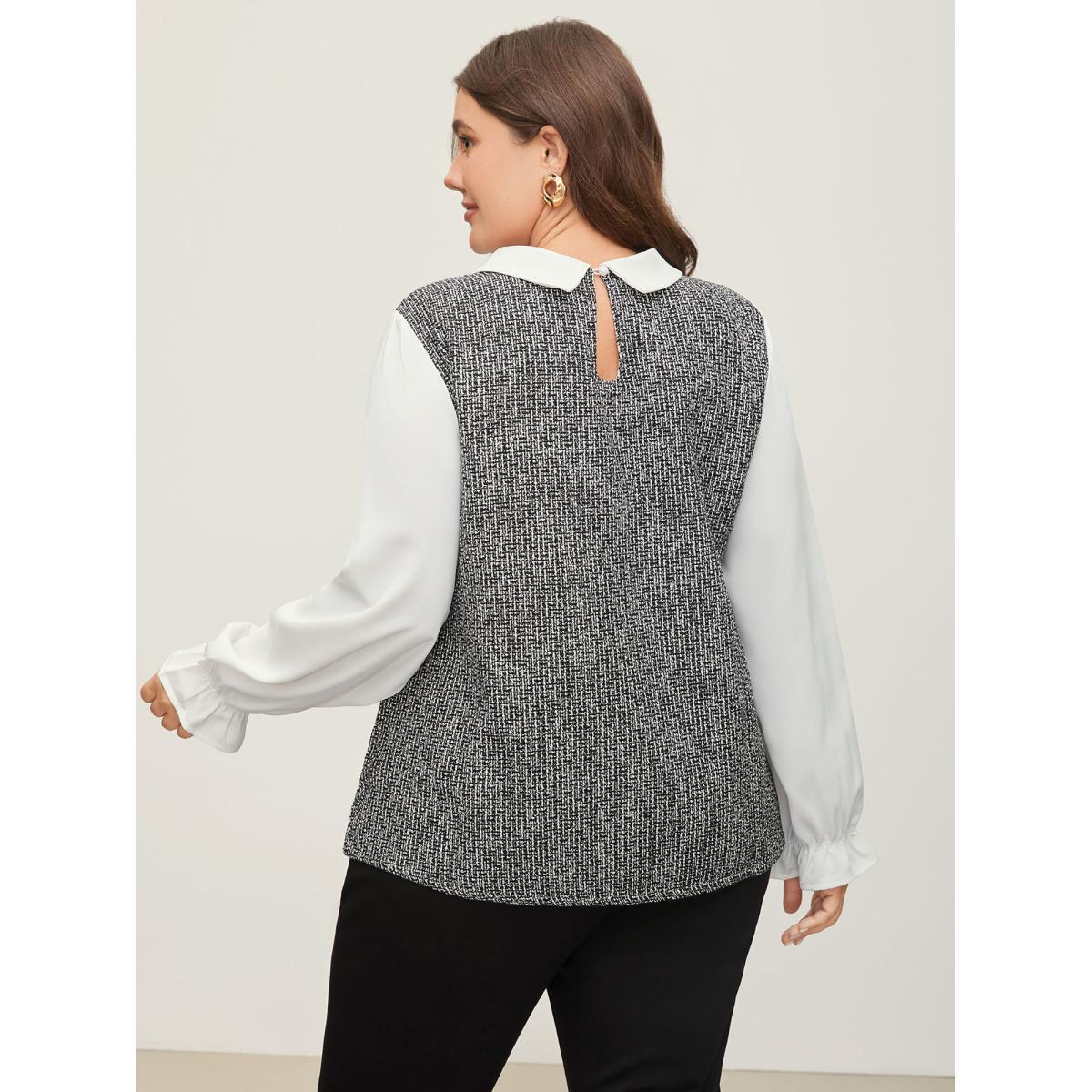 Plus Size Black Tweed Patchwork Lantern Sleeve Blouse Women At the Office Long Sleeve Shirt collar Work Blouses BloomChic 10/M Product Image