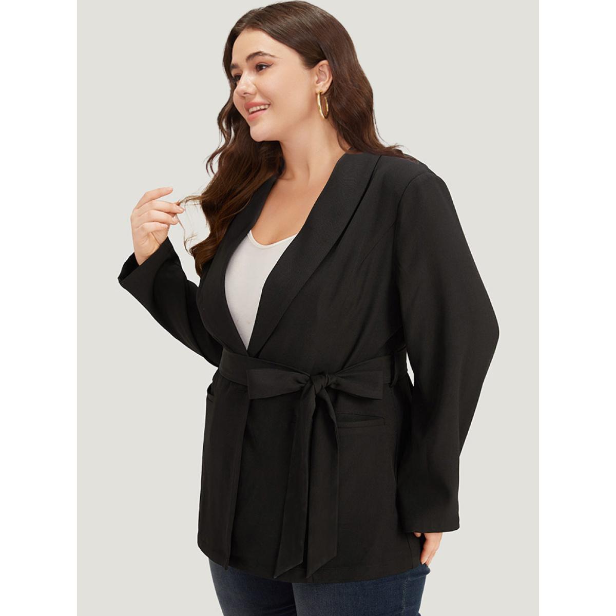 Plus Size Plain Ties Pocket Belted Lapel Collar Blazer Black Women Work Plain Plain Sleeve Long Sleeve Lapel Collar 10/M Pocket Belt Workwear Essentials Blazers BloomChic Product Image