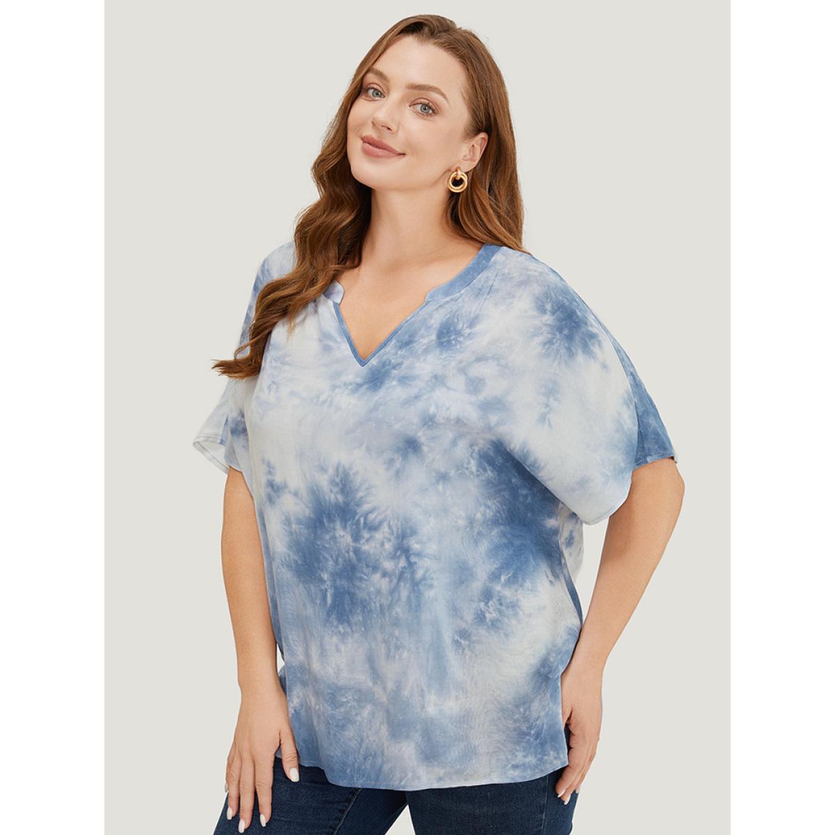 Plus Size Stone Tie Dye Notched Dolman Sleeve Blouse Women Vacation Short sleeve Notched collar Dailywear Blouses BloomChic 18-20/2X Product Image