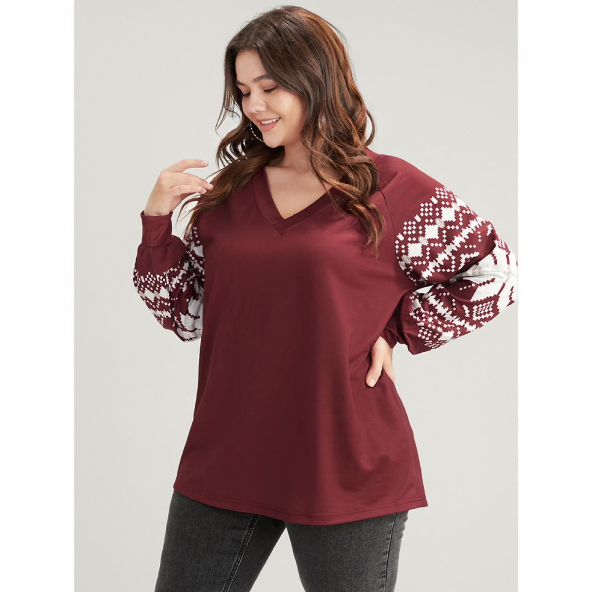 Plus Size Snowflake Print V Neck Drop Shoulder Sweatshirt Women Scarlet Casual Contrast V-neck Festival-Christmas Sweatshirts BloomChic 22-24/3X Product Image