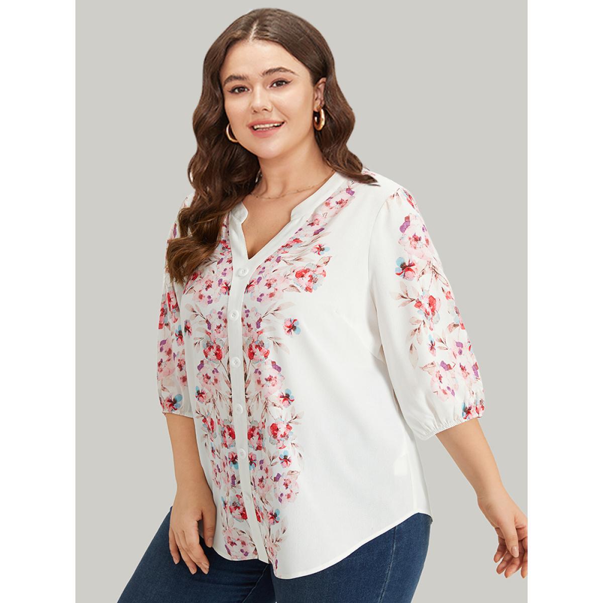 Plus Size White Floral Print Button Detail Notched Lantern Sleeve Blouse Women Elegant Half Sleeve Notched collar Dailywear Blouses BloomChic 18-20/2X Product Image