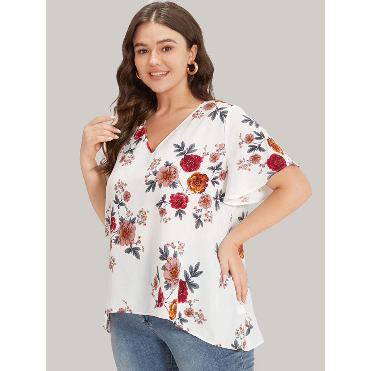 Plus Size White Floral Print High Low Hem Flutter Blouse Women Elegant Short sleeve V-neck Dailywear Blouses BloomChic 10/M Product Image