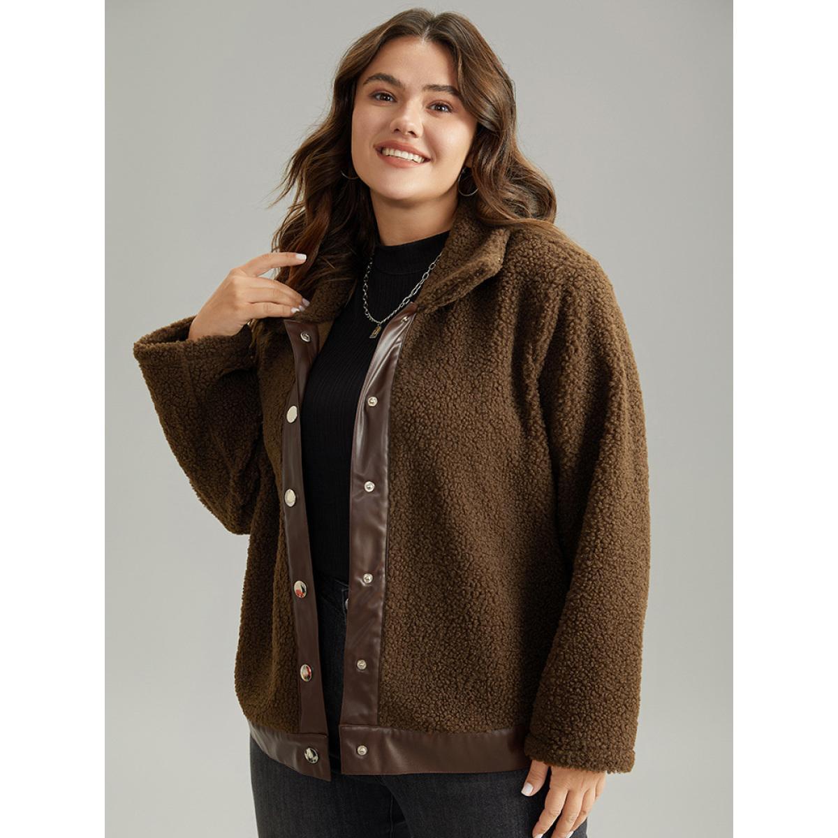 Plus Size PU Leather Patchwork Metal Detail Teddy Jacket Women DarkBrown Patchwork Dailywear Jackets BloomChic 14-16/1X Product Image
