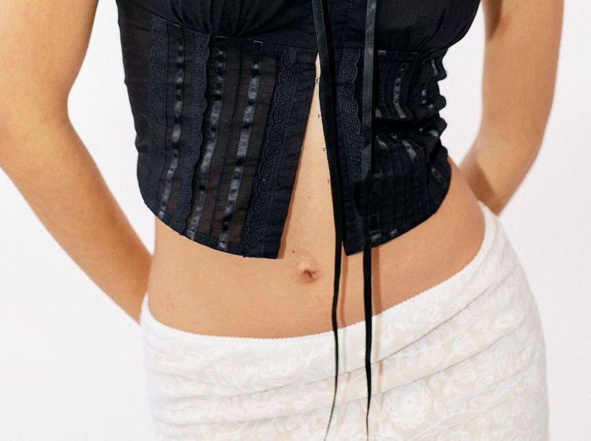 Lace-Trim Floral Embroidered Tie-Front Tube Top Product Image
