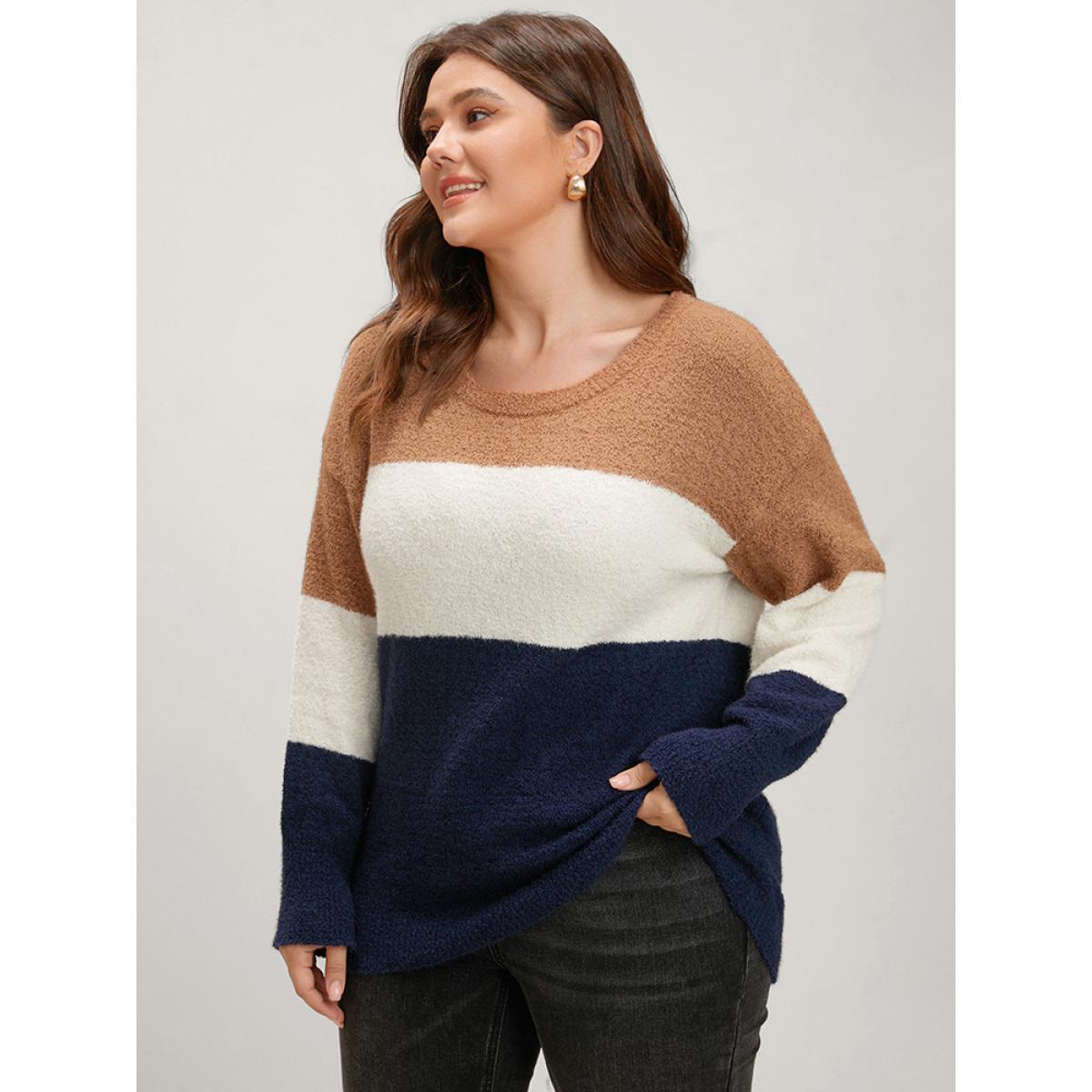 Plus Size Colorblock Contrast Super Soft Knit Round Neck Knit Top Multicolor Women Casual Loose Long Sleeve Dailywear Pullovers BloomChic 30/6X Product Image