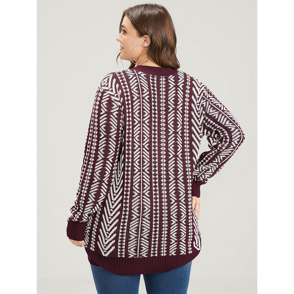 Plus Size Bandana Geometric Pointelle Knit Contrast Button Front Cardigan Maroon Women Casual Loose Long Sleeve Dailywear Cardigans BloomChic 10/M Product Image