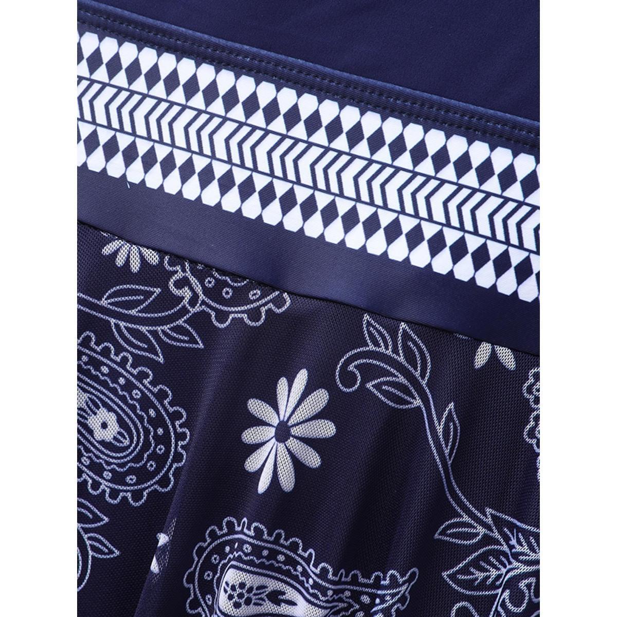 Plus Size Overlap Collar Bandana Print Mesh Swim Dress Women's Swimwear Indigo Beach Loose Overlap Collar High stretch Curve Swim Dresses BloomChic 12/L Product Image