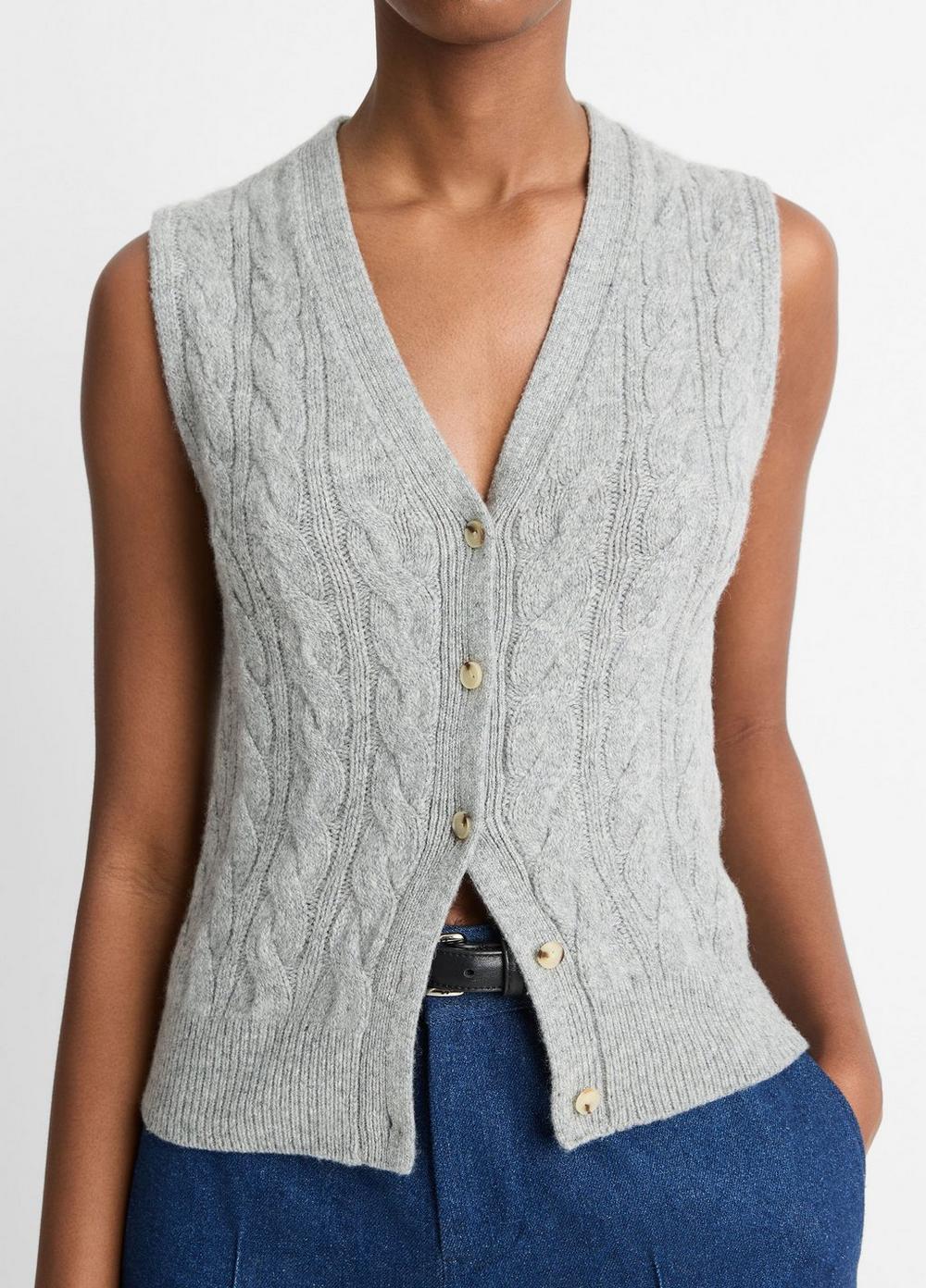Womens Cable Wool-Blend Button Sweater Vest, Heather Silver Dust, Size M Vince Product Image
