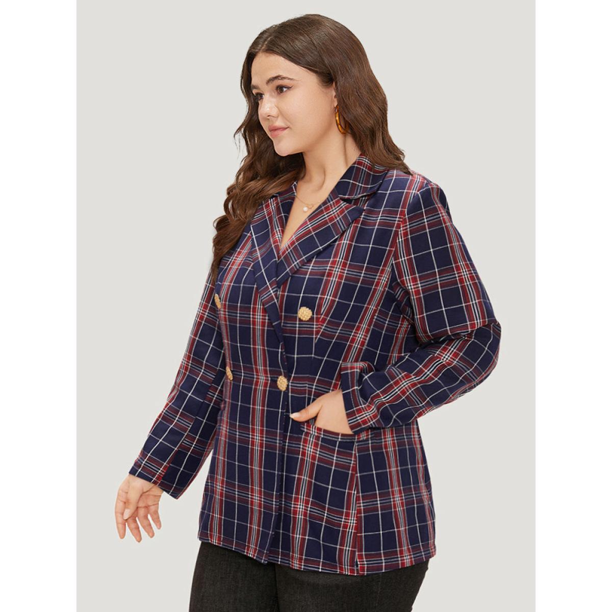 Plus Size Plaid Suit Collar Button Up Pocket Blazer Indigo Women Dailywear Plaid Contrast Sleeve Long Sleeve Suit Collar 10/M Pocket Casual Blazers BloomChic Product Image