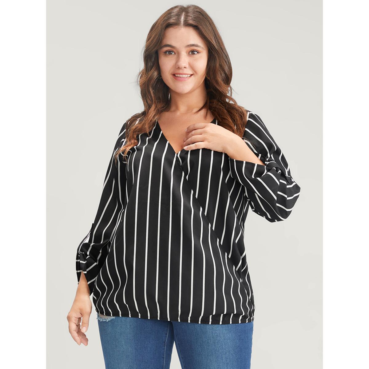 Plus Size Black Striped Wrap Cuffed Sleeve Blouse Women Office Long Sleeve V-neck Work Blouses BloomChic 18-20/2X Product Image