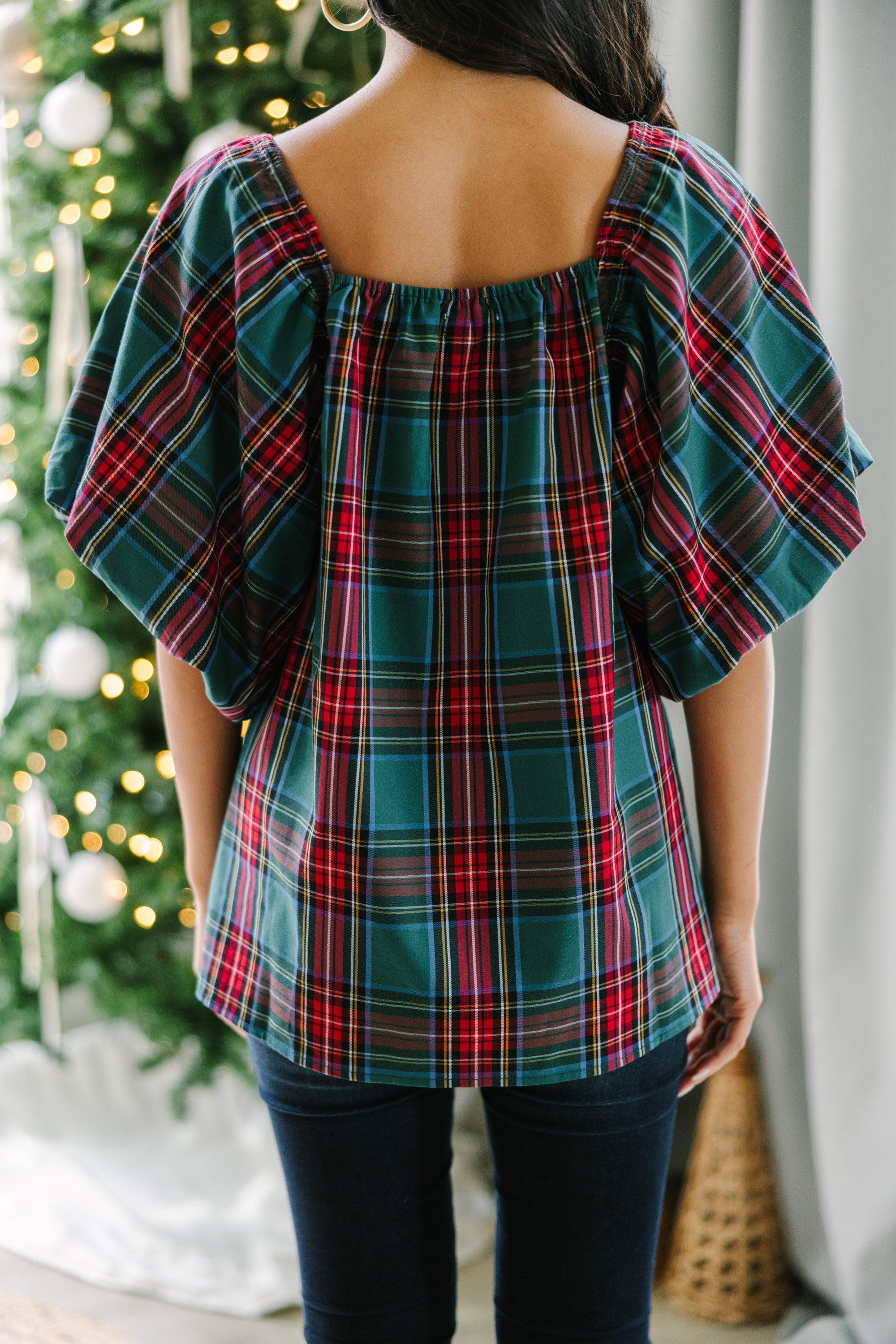 In Your Heart Emerald Green Tartan Plaid Blouse Female Product Image