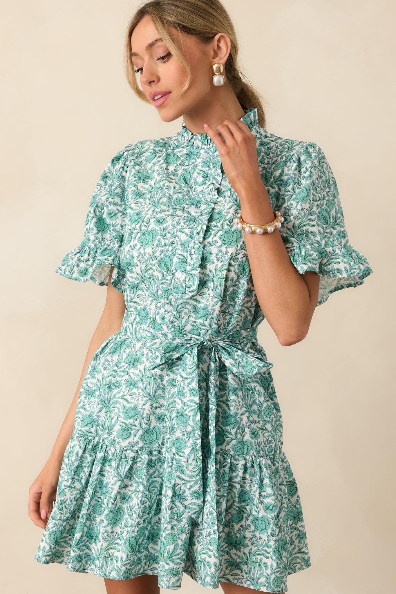 The Right Timing Teal Green Floral Cotton Mini Shirt Dress Product Image