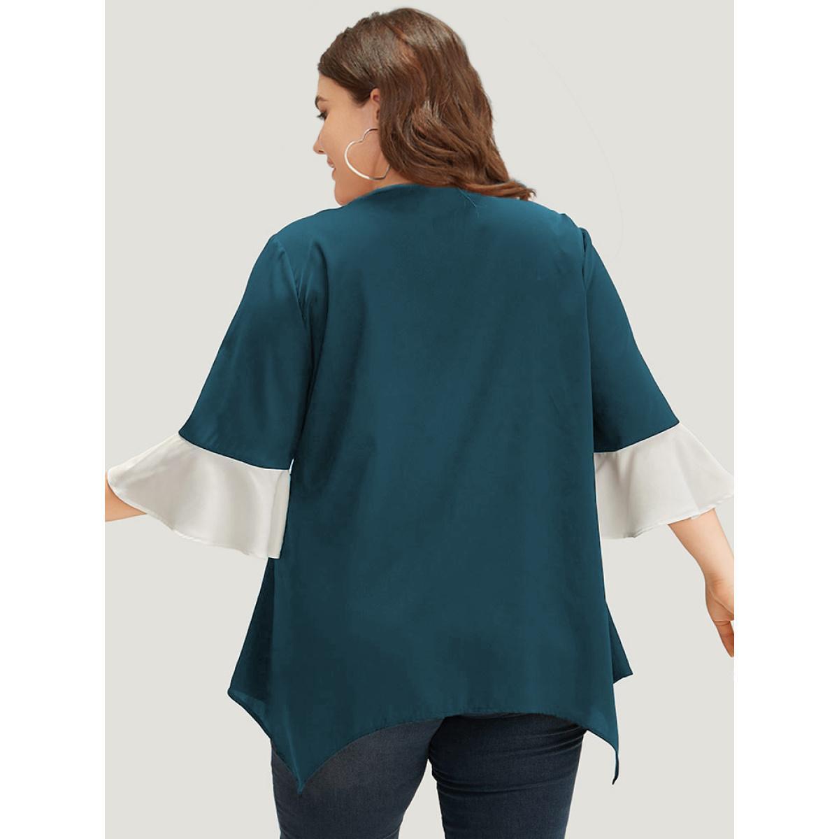 Plus Size Scarlet Anti-Wrinkle Contrast Zip Up Flutter Sleeve Hanky Hem Blouse Women Office Half Sleeve Round Neck Work Blouses BloomChic 22-24/3X Product Image