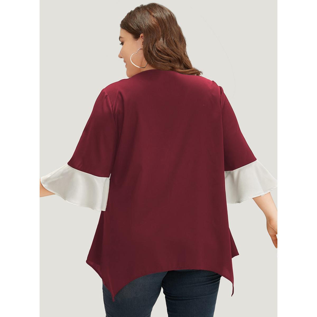 Plus Size Scarlet Anti-Wrinkle Contrast Zip Up Flutter Sleeve Hanky Hem Blouse Women Office Half Sleeve Round Neck Work Blouses BloomChic 10/M Product Image