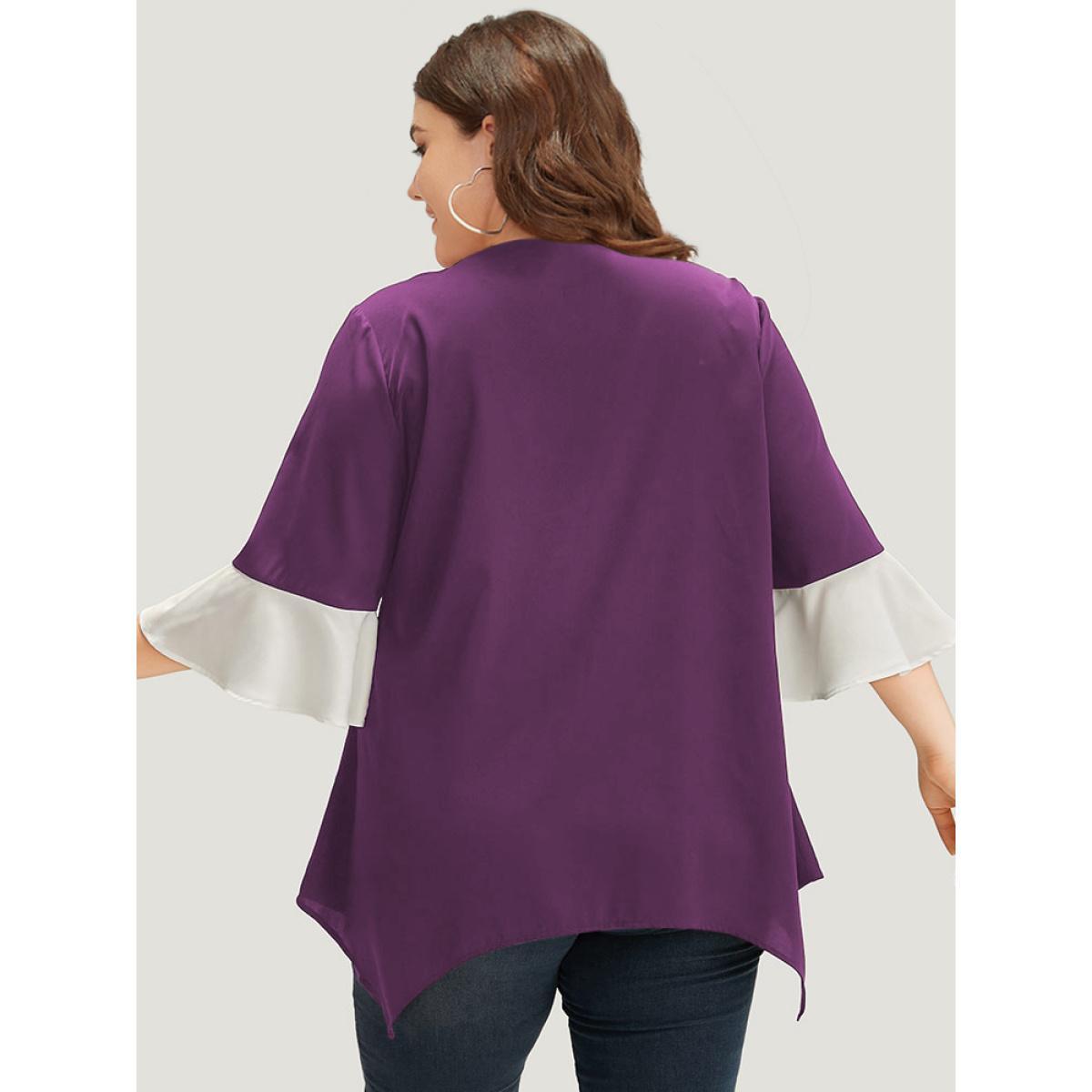 Plus Size Purple Anti-Wrinkle Contrast Zip Up Flutter Sleeve Hanky Hem Blouse Women Office Half Sleeve Round Neck Work Blouses BloomChic 30/6X Product Image