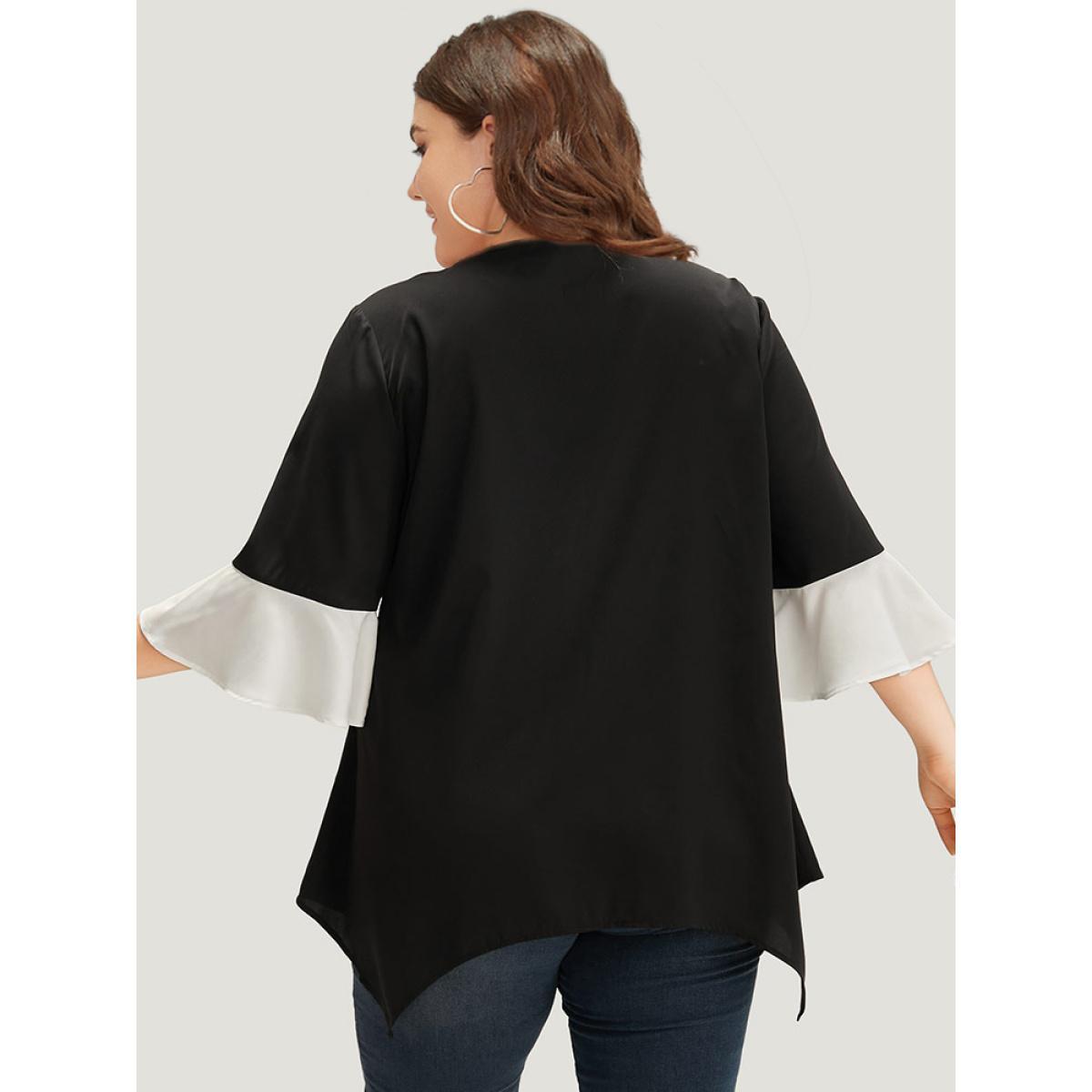 Plus Size Black Anti-Wrinkle Contrast Zip Up Flutter Sleeve Hanky Hem Blouse Women Office Half Sleeve Round Neck Work Blouses BloomChic 14-16/1X Product Image