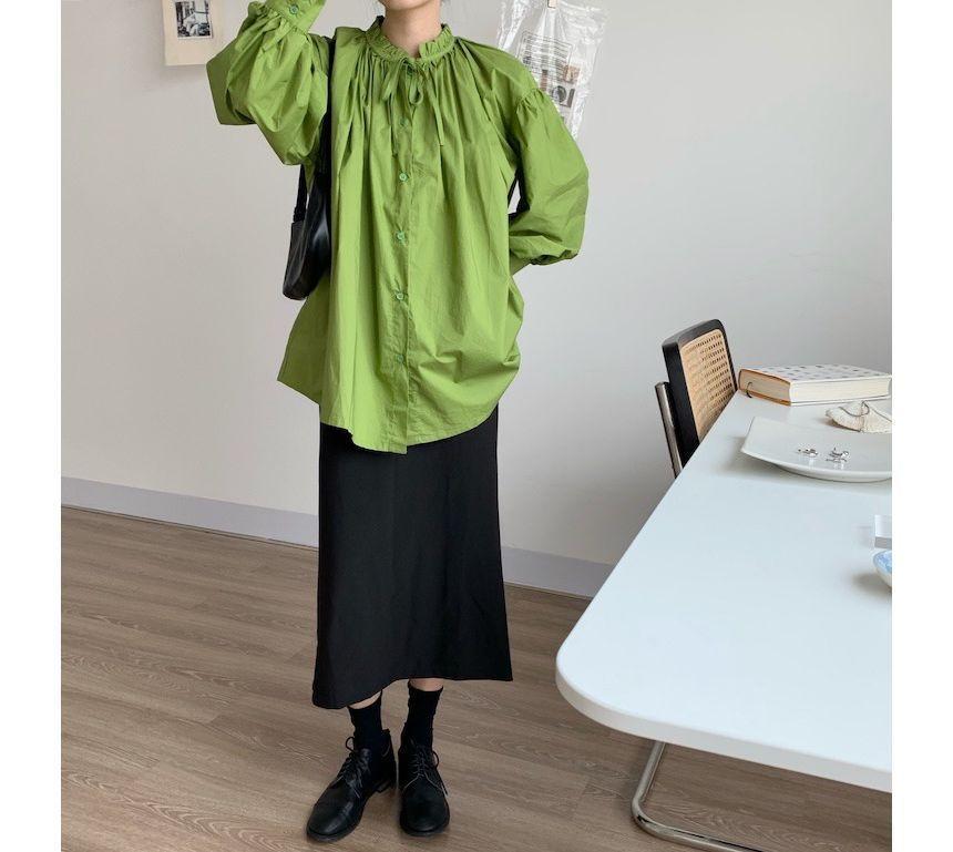 Puff-Sleeve Crew Neck Plain Ruffled Blouse Product Image