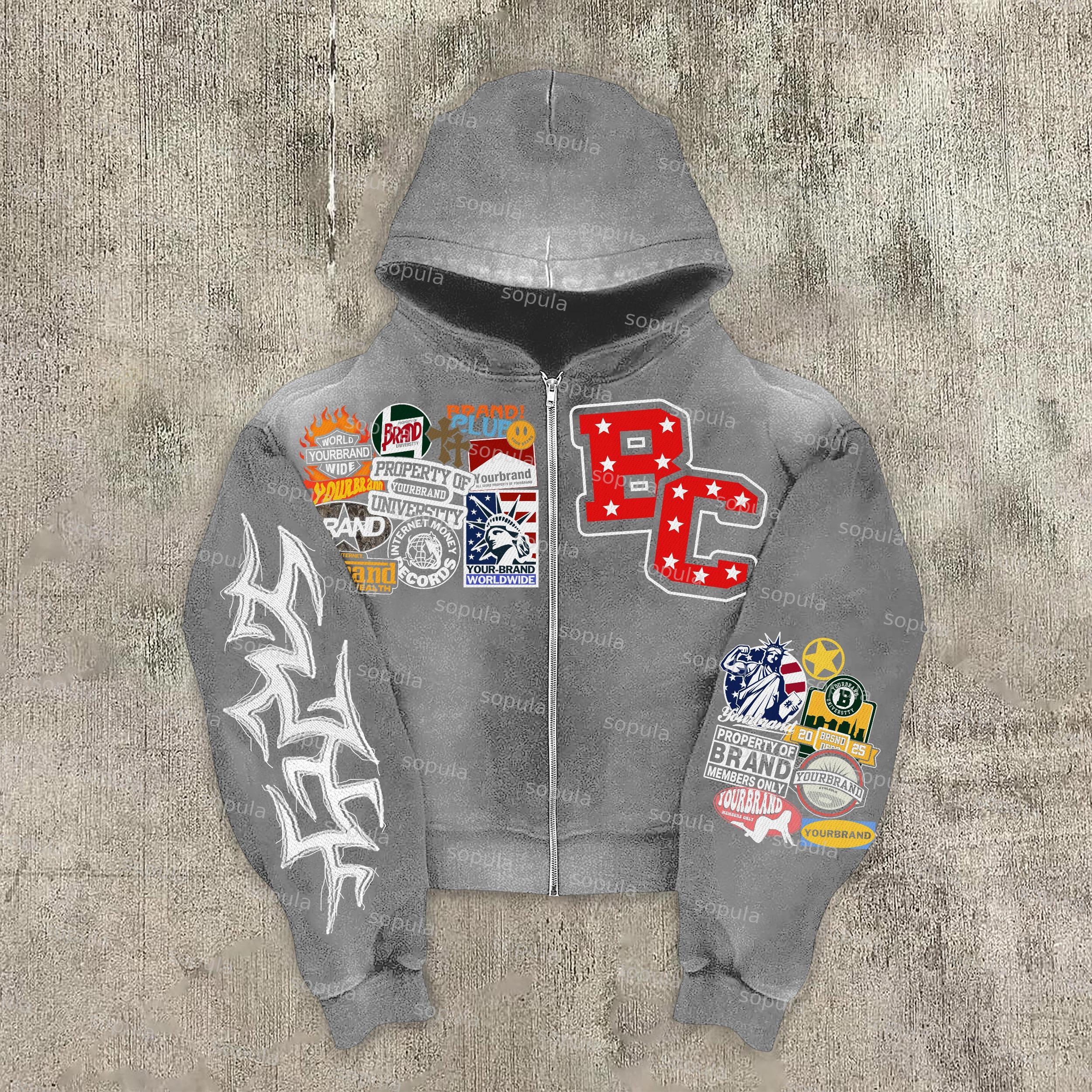 Sopula Relaxed Vintage Graphic Acid Washed Oversized Zip-Up Hoodie Product Image